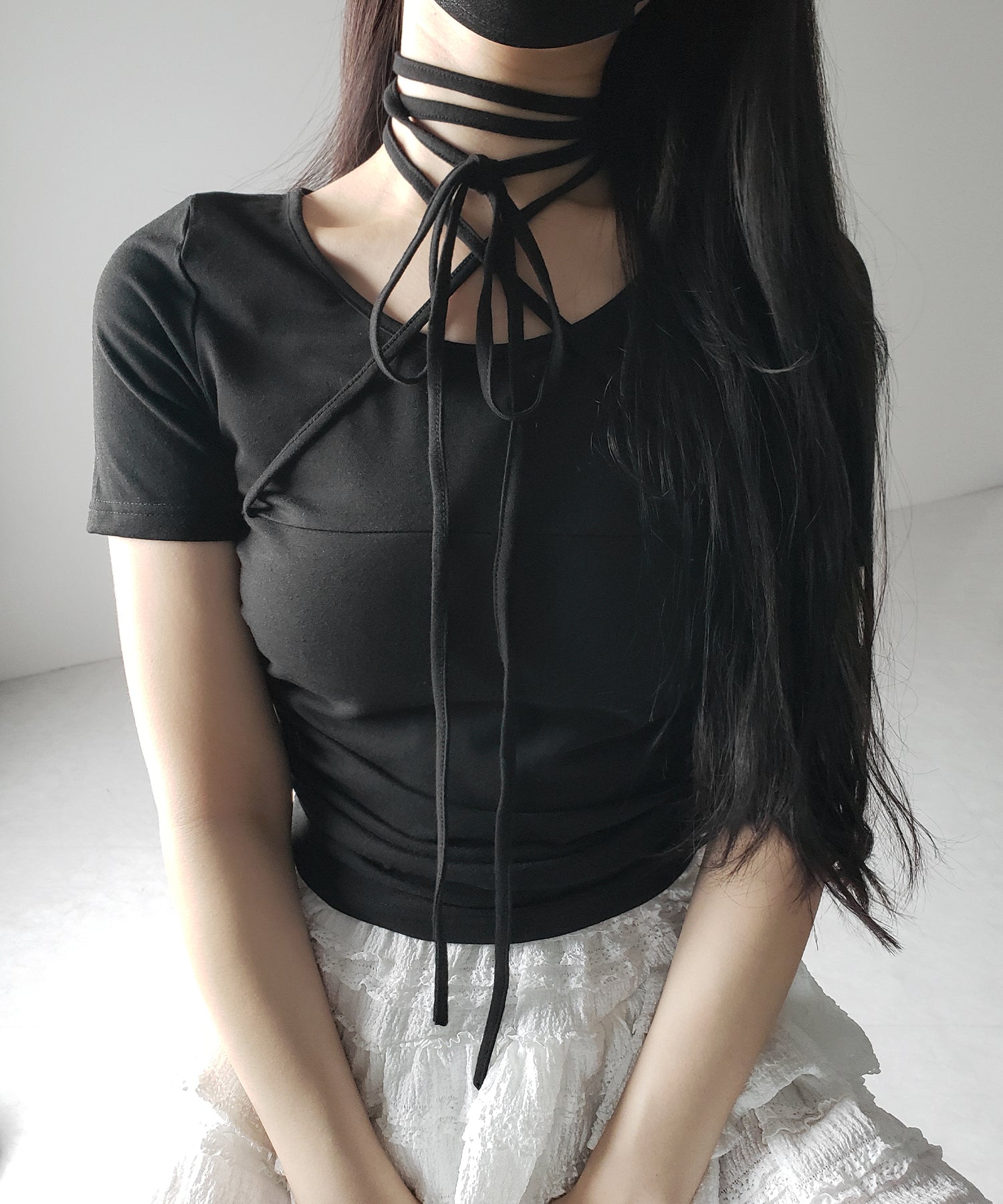 クロスストラップロングチョーカー半袖リボントップス / cross strap long choker short sleeve ribbon tops