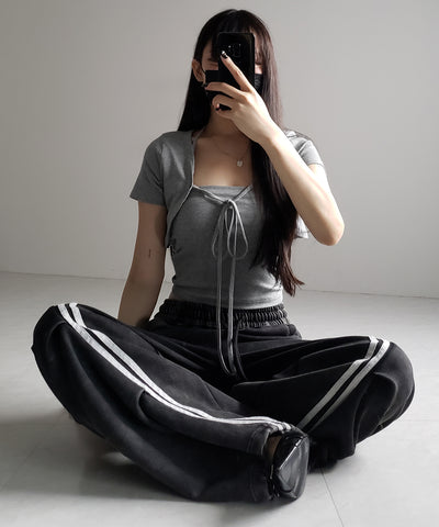 【 2点セット 】フロントリボンショートカーディガン+ ホルターキャミソール SET / front ribbon short cardigan + halter camisole SET