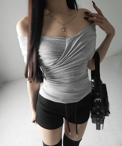 オフショルドレープクロスギャザリングTシャツ /off shoulder draped cross gatherimg T-shirt