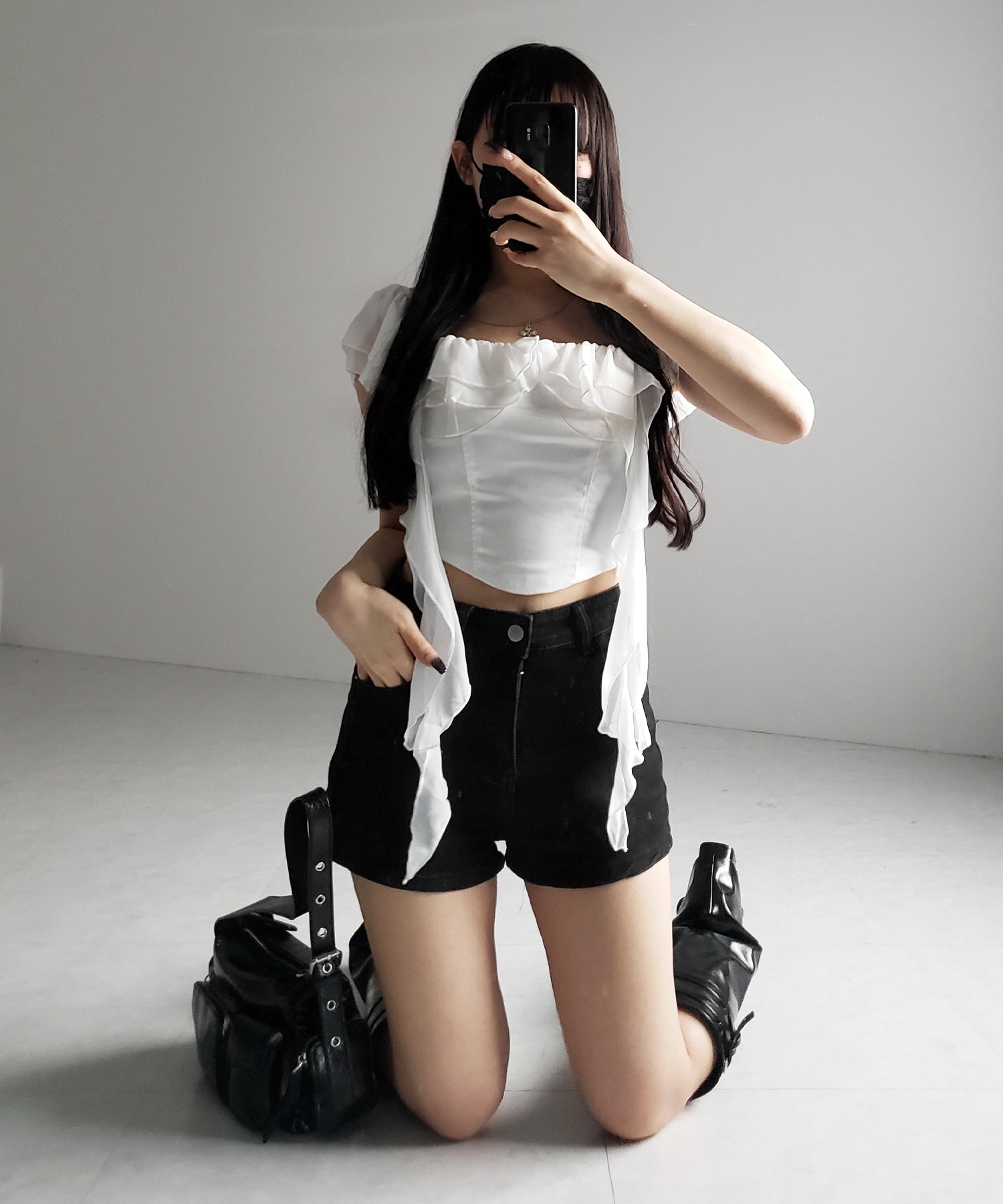 【 2WAY 】シアーフリルコルセットサテンショートブラウス / sheer frill corset satin short blouse