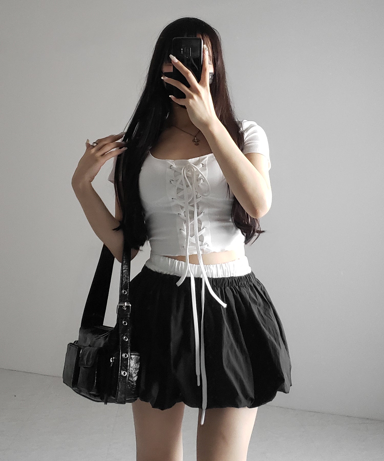 【 2color /インパン裏地付き 】フェイクレイヤードコットンバルーンミニスカート / fake layered cotton balloon mini skirt