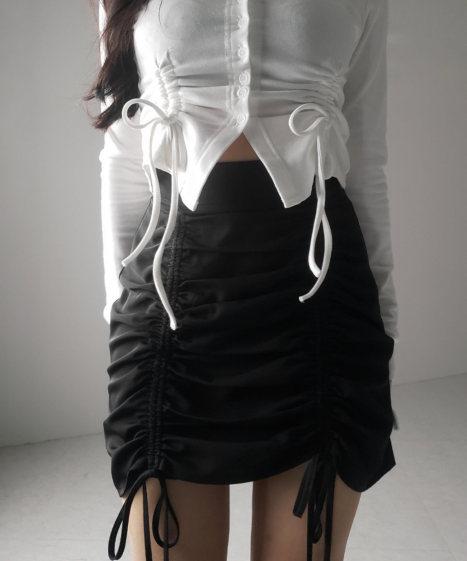 【 2color / 裏起毛 】ナナメストラップダブルシャーリングリボントップス / naname strap double shirring ribbon tops