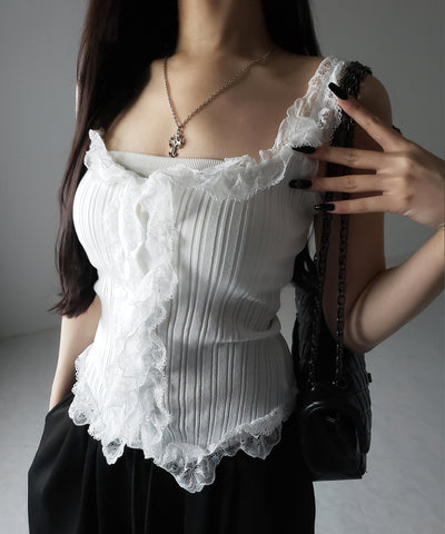 レースフリルドッキングリブニットキャミタンク / lace frill docking lib knit cami tank