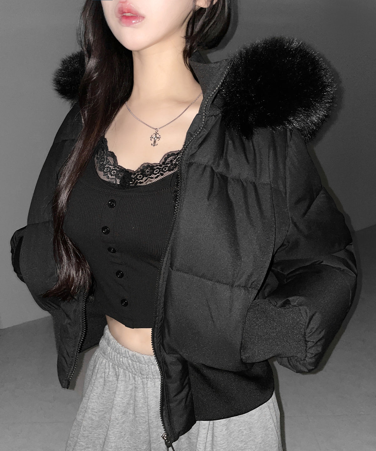 レースキャミスクエアネック長袖リブTシャツ / Lace camisole square neck long-sleeve ribbed T-shirt