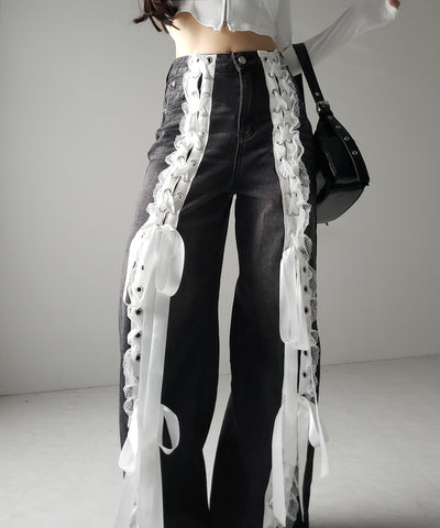 サテンリボンレースアップワイドデニムパンツ / satin ribbon lace up wide denim pants