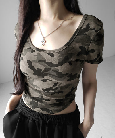 ヴィンテージカモフラスクエアネックショートTシャツ / vintage camouflage square neck short T-shirt