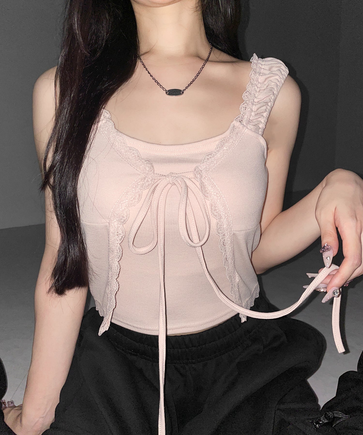 フロントリボンレイヤードリブキャミタンク / front ribbon layered lib camisole tank
