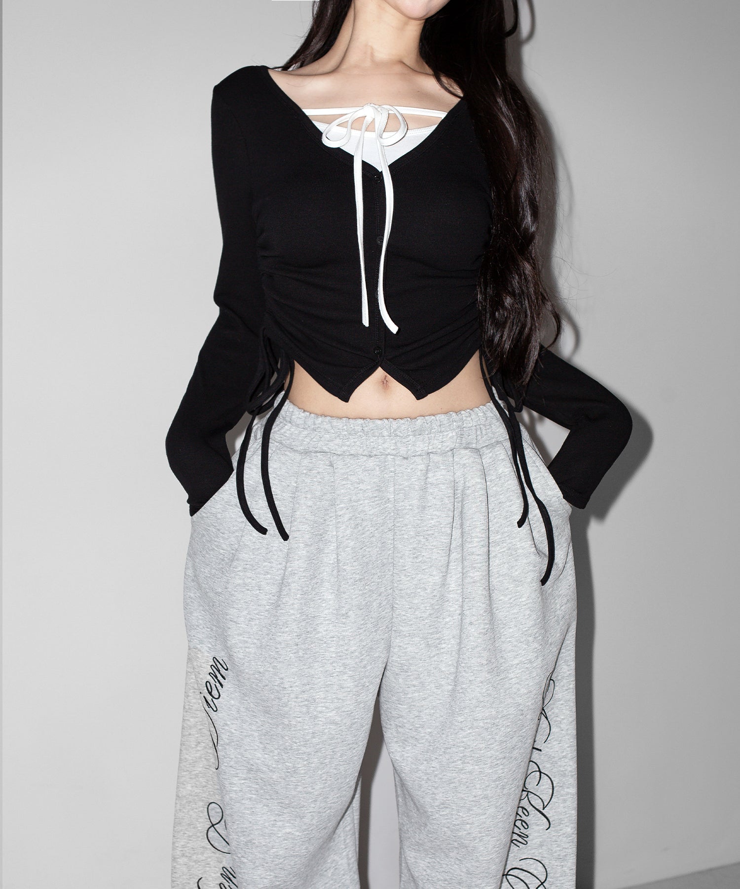 【 3WAY 】レイヤード風シャーリングリボンリブトップス / fake layered shirring ribbon lib tops