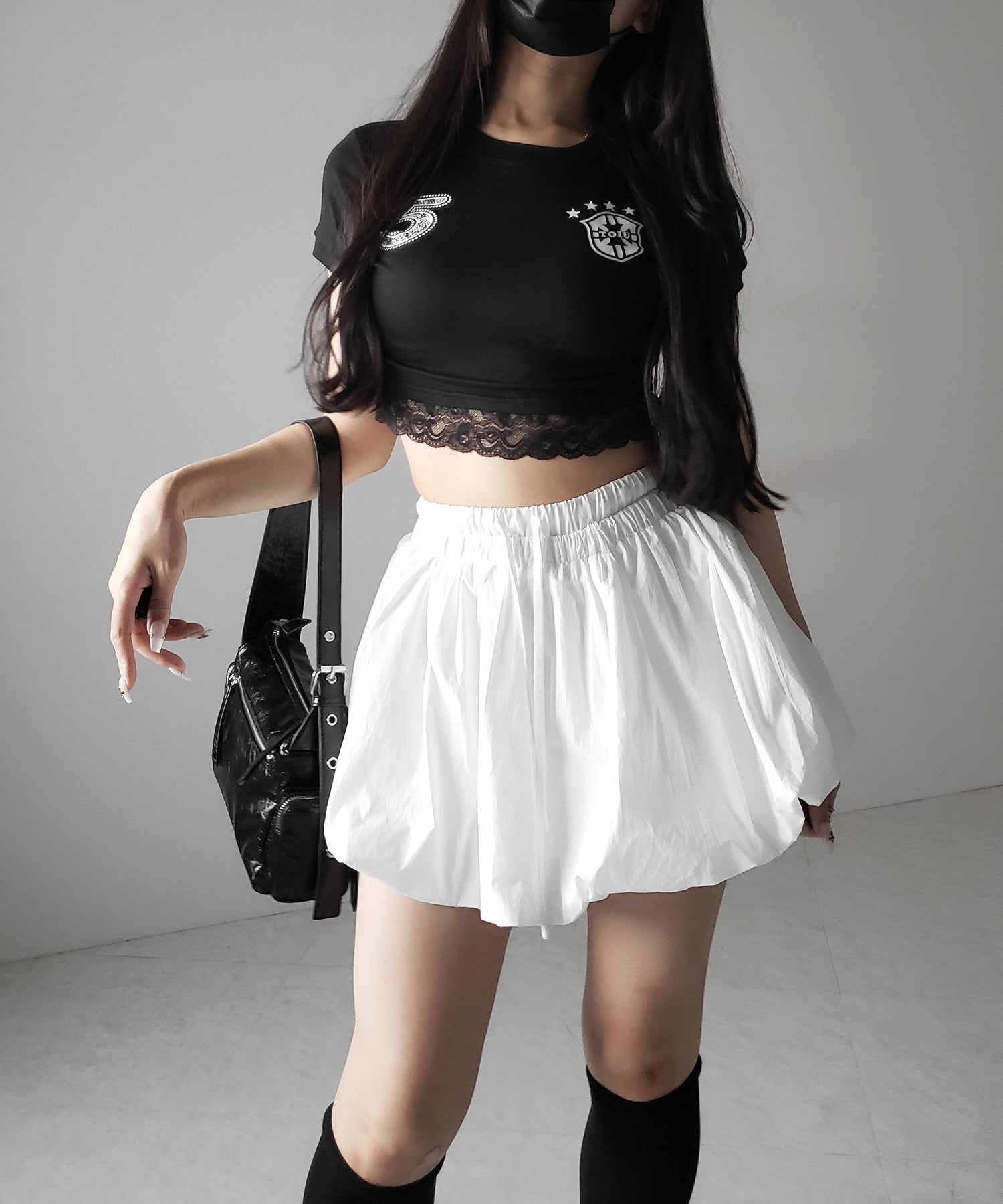 【 2color /インパン裏地付き 】フェイクレイヤードコットンバルーンミニスカート / fake layered cotton balloon mini skirt