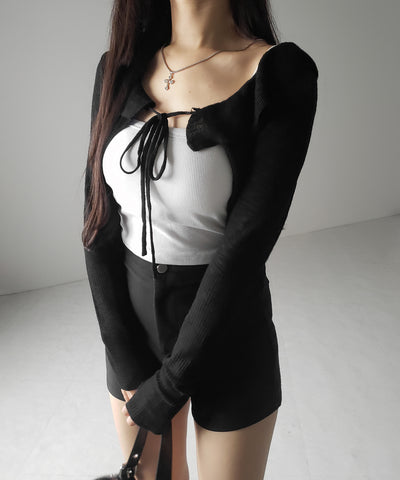 【 2color 】襟付きフロントリボンシアーニットショートカーディガン / collar front ribbon sheer knit short cardigan