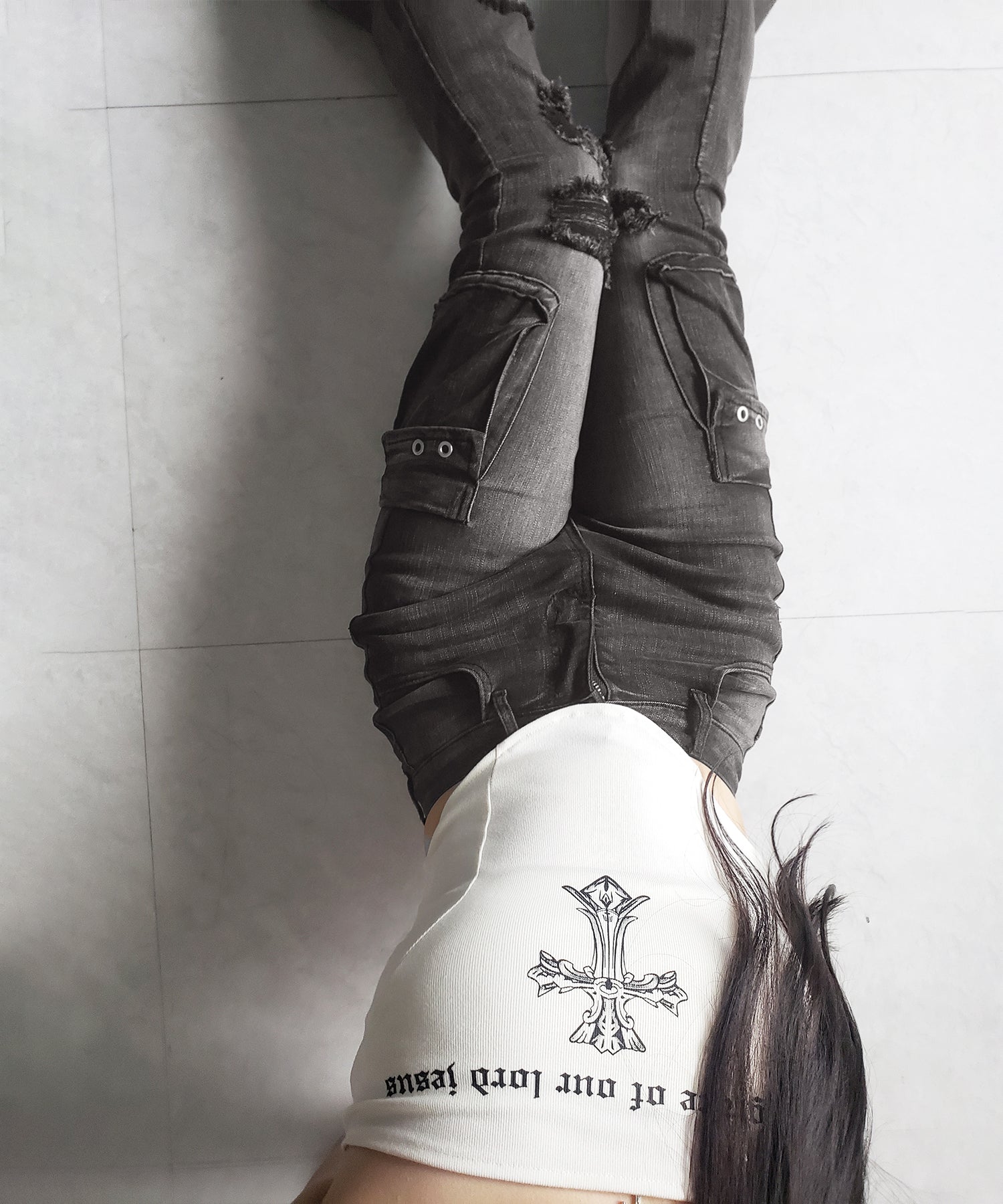 【 2color / 4size 】カーゴデザインヴィンテージライクダメージストレッチフレアデニム / cargo design vintage-like damage stretch flare denim