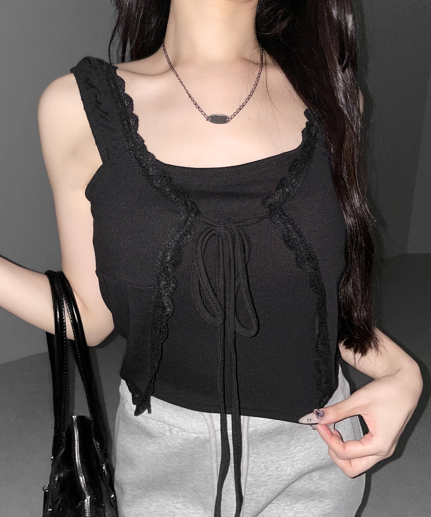 フロントリボンレイヤードリブキャミタンク / front ribbon layered lib camisole tank