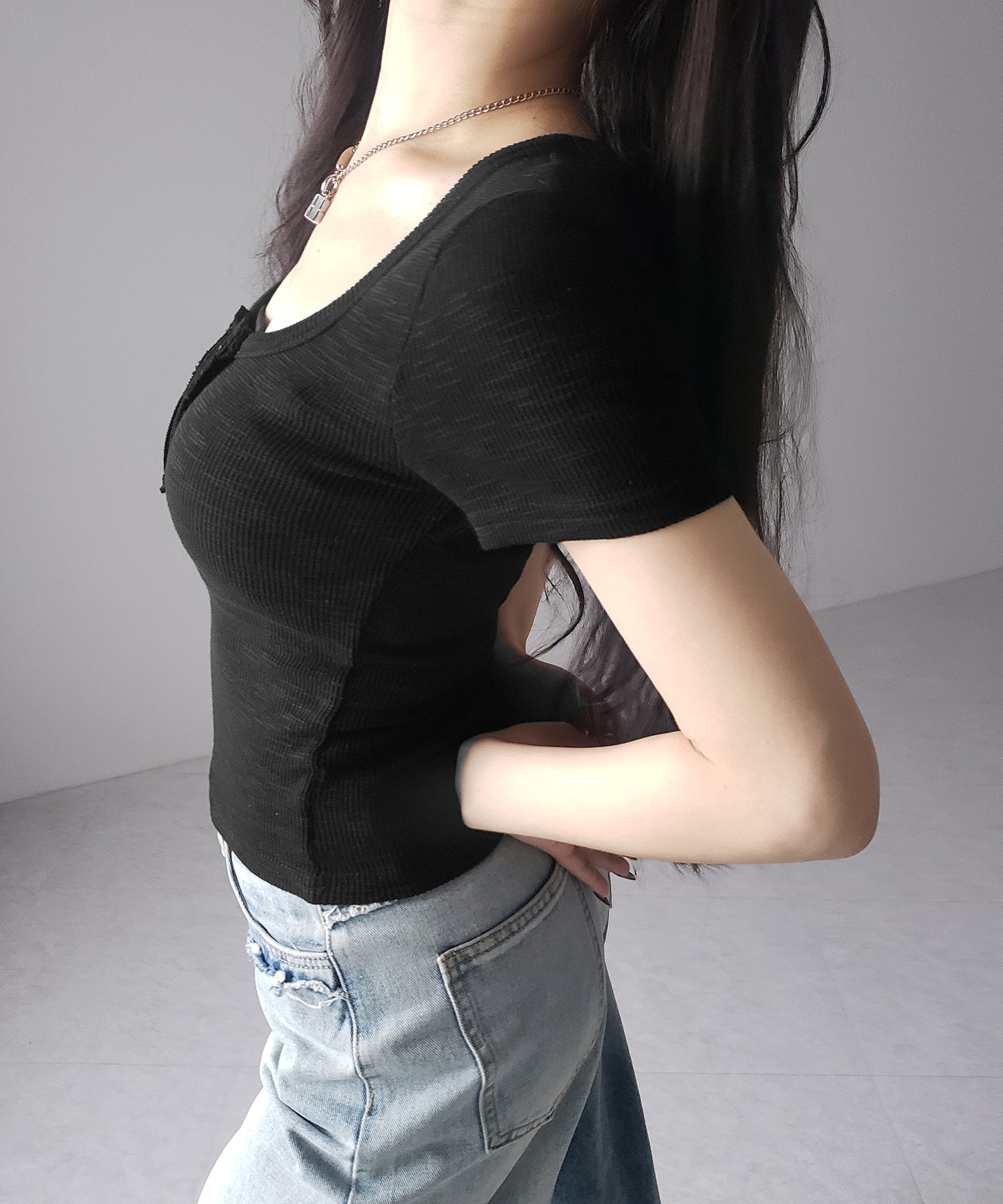 スクエアヘンリーネック半袖ピチTシャツ /square henley neck short sleeve pichi T-Shirt