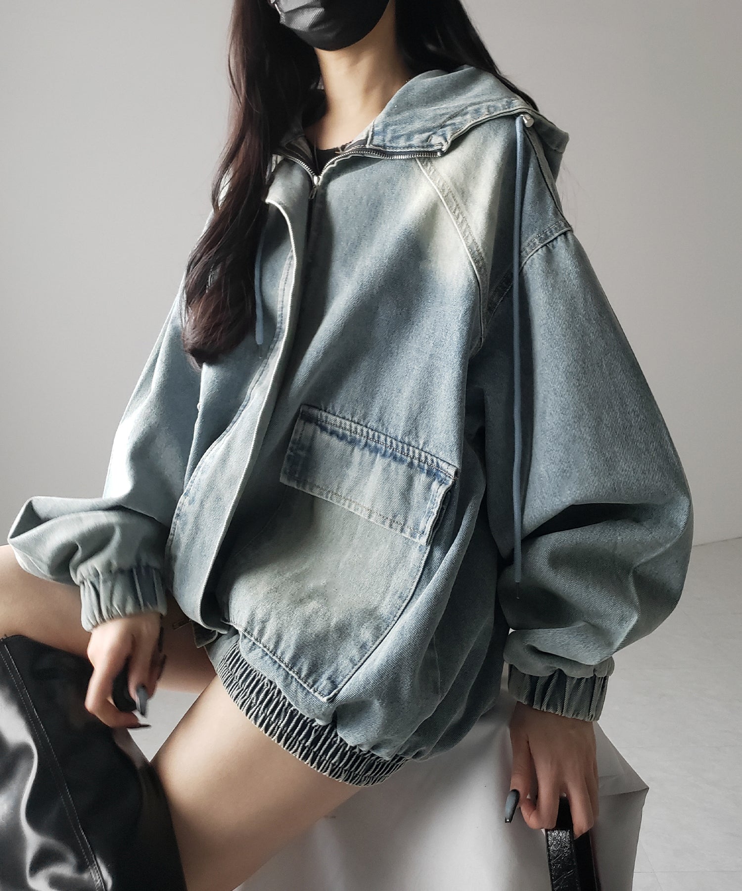 【 2color 】ヴィンテージデニムダブルジップフードブルゾン / vintage denim double zip hoodie blouson