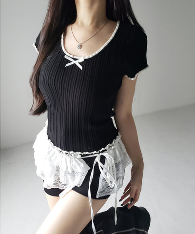 ミニリボンオープンネック半袖ニットトップス / mini ribbon open neck short sleeve knit tops