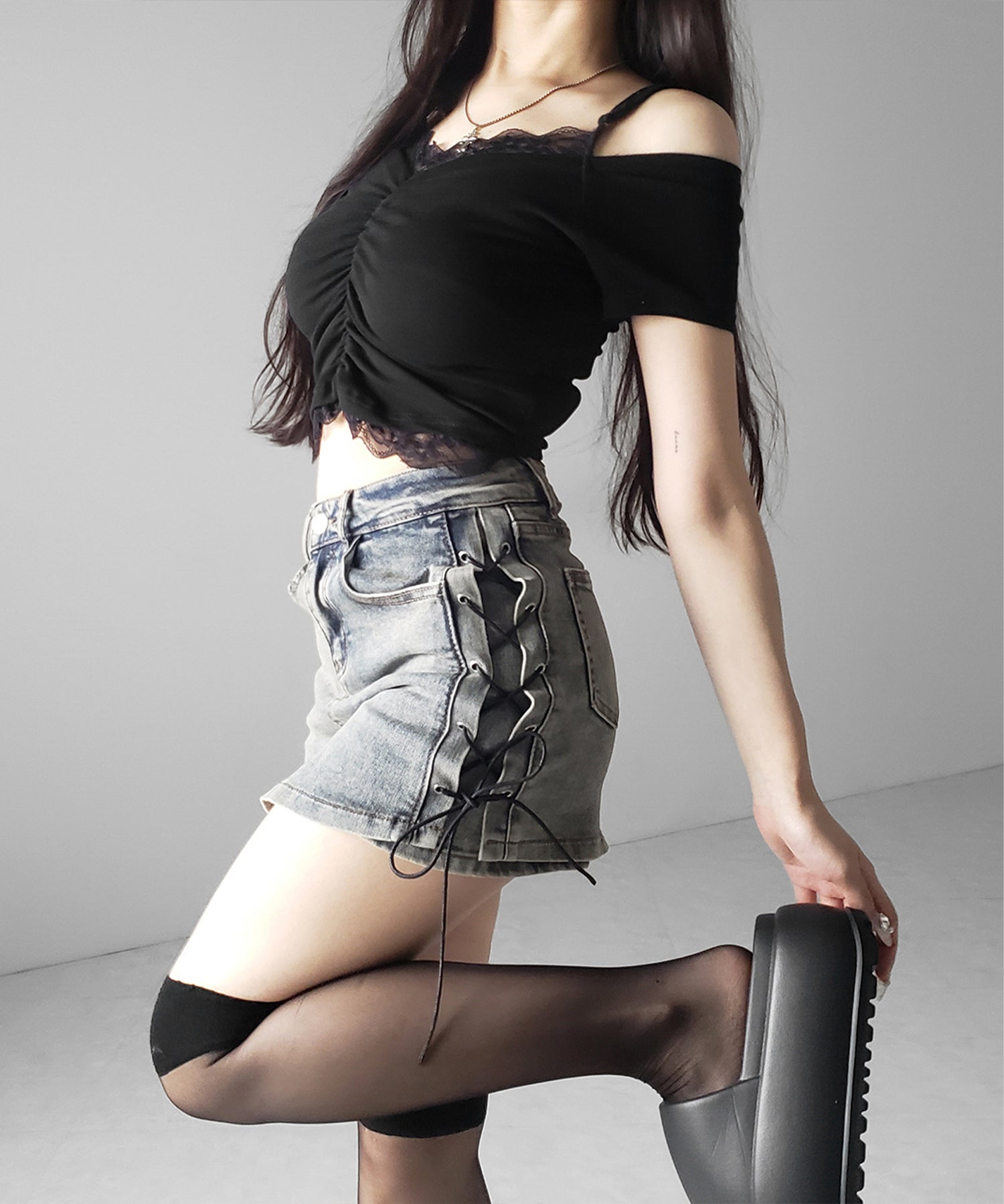 レースアップストレッチデニムミニスカパン / lace up stretch denim mini skirt pants