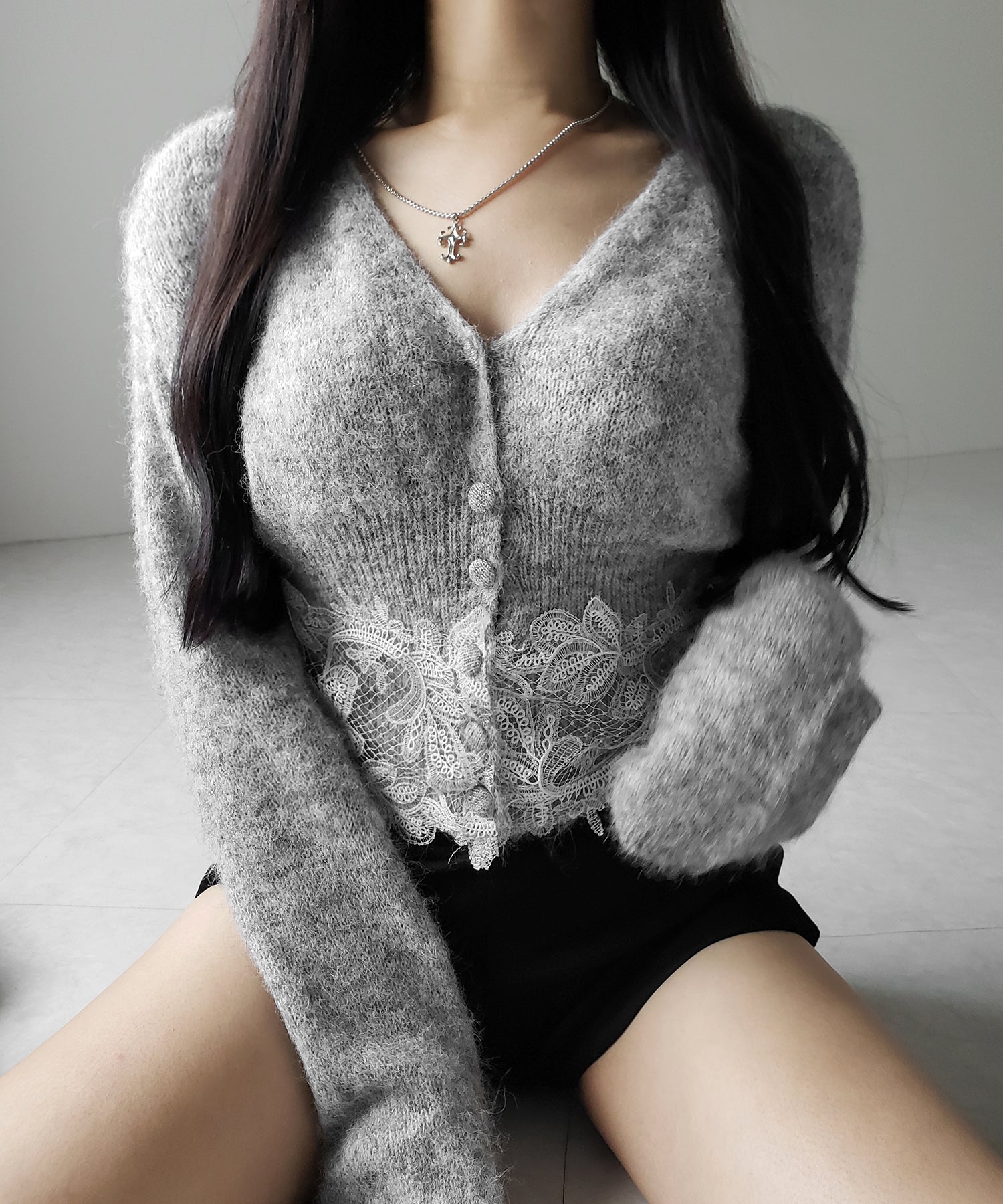 レースドッキングモヘアライクニットカーディガン / Lace docking mohair-like knit cardigan
