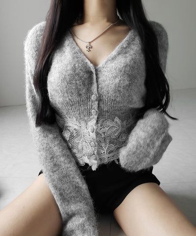 レースドッキングモヘアライクニットカーディガン / Lace docking mohair-like knit cardigan