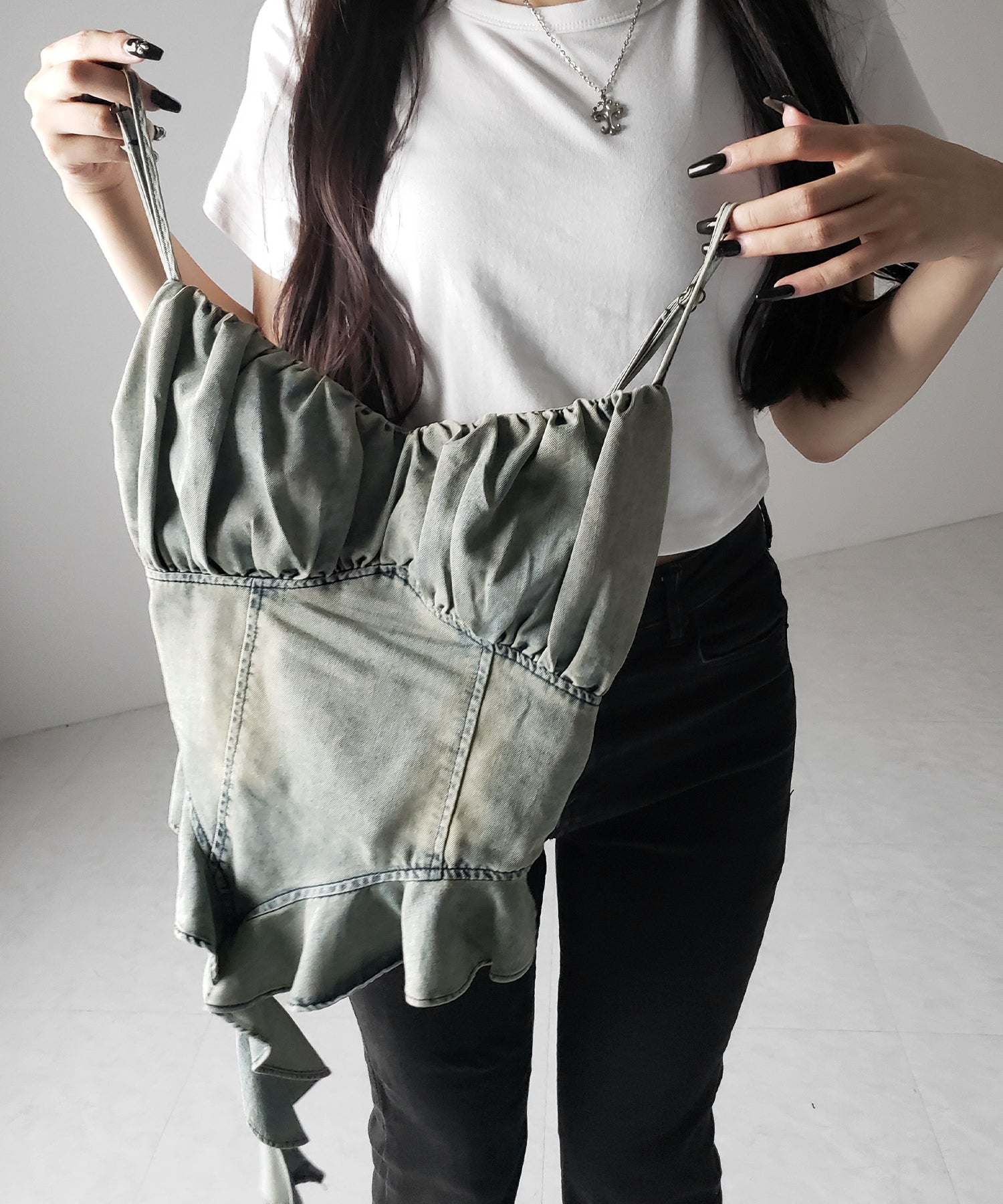 【 2点セット 】ヴィンテージデニムビスチェ & 半袖レイヤードTシャツセット / vintage denim bustier & short sleeve layered T-shirts set