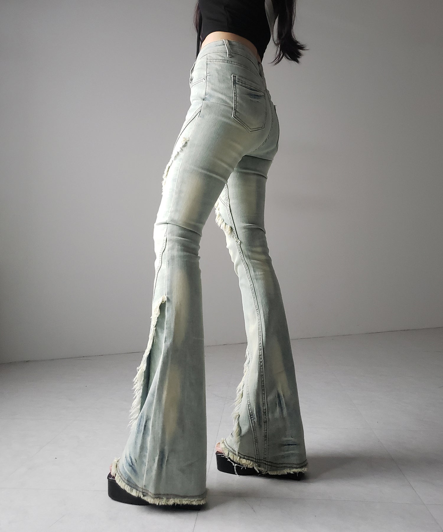 【 2color / 4size 】フリンジデザインヴィンテージライクストレッチフレアデニム / fringe design vintage-like stretch flare denim