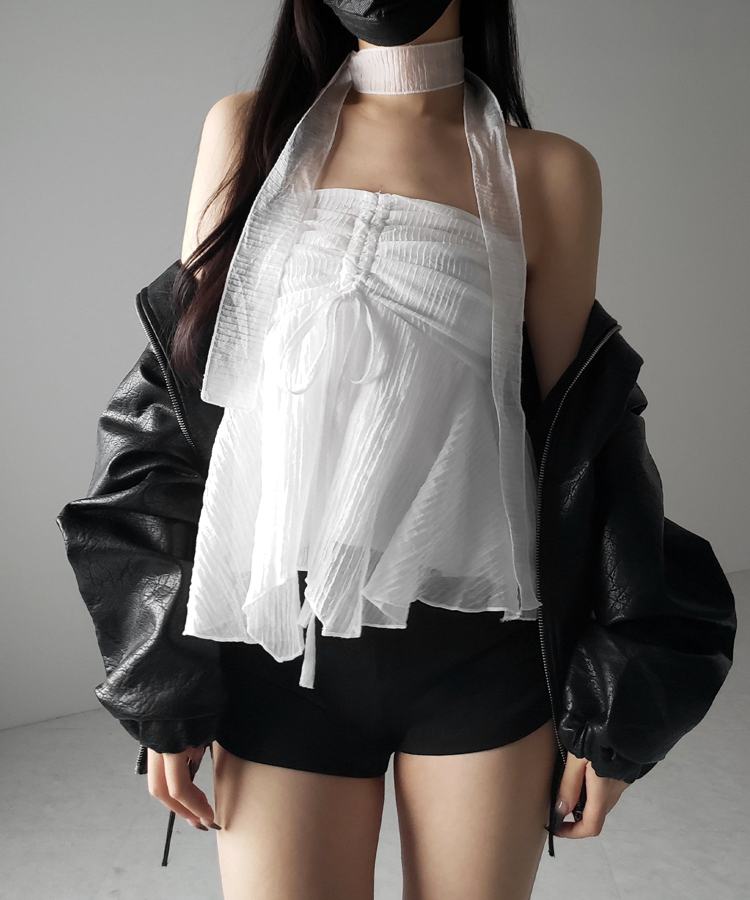 【 チョーカータイ付 】シャーリングリボンペプラムシフォンビスチェトップス / choker tie set shirring ribbon peplum chiffon bustier tops