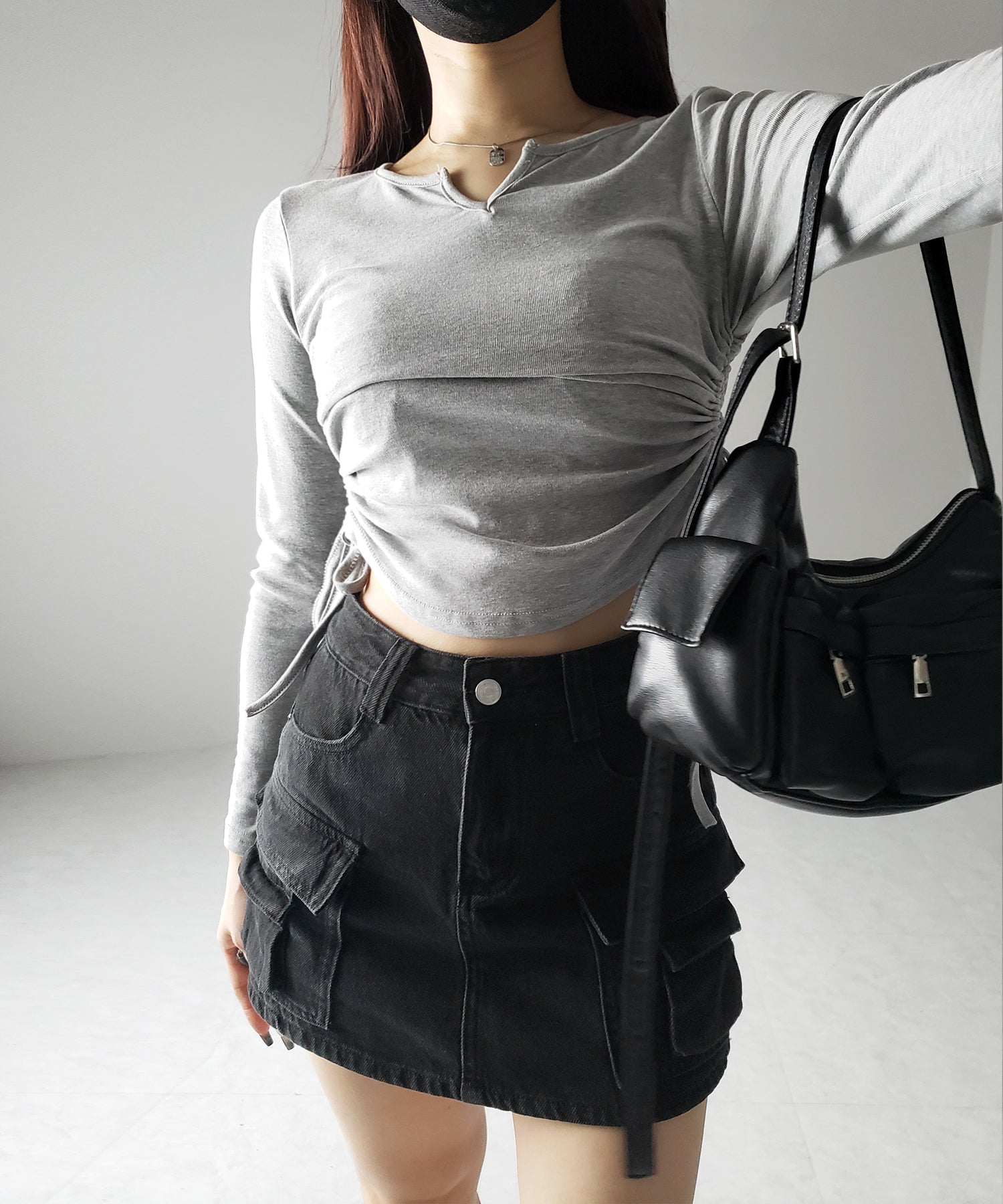 【 3size / 2color 】ダブルポケットヴィンテージカーゴデニムミニスカパン / double pocket vintage cargo denim mini skirt pants