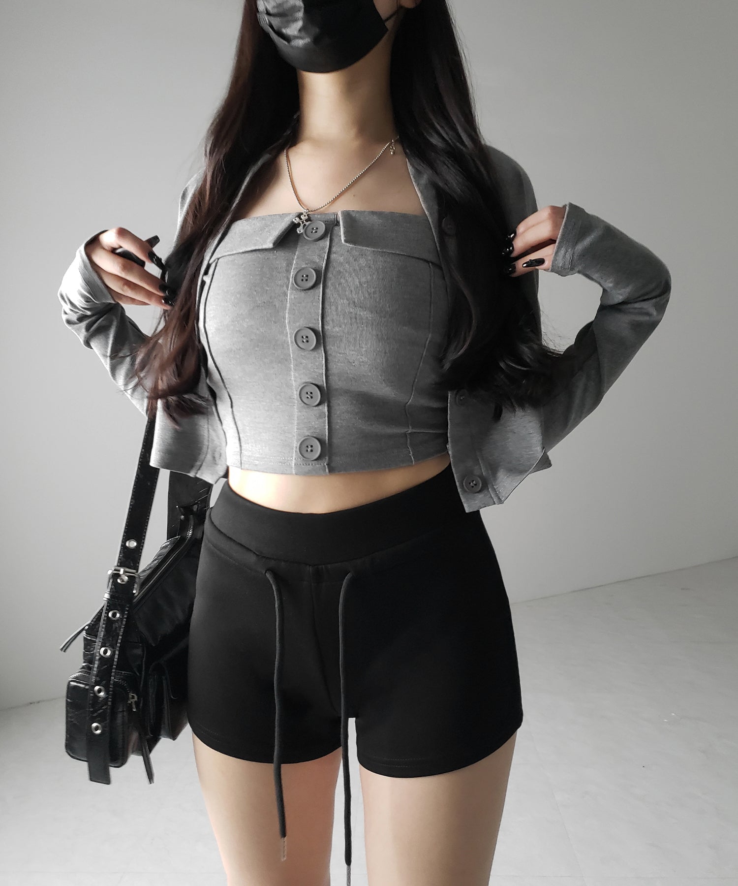 【 2点セット 】フロントボタンベアトップ + クロップドカットソーカーディガン SET / front button bare top + cropped cutsaw cardigan SET
