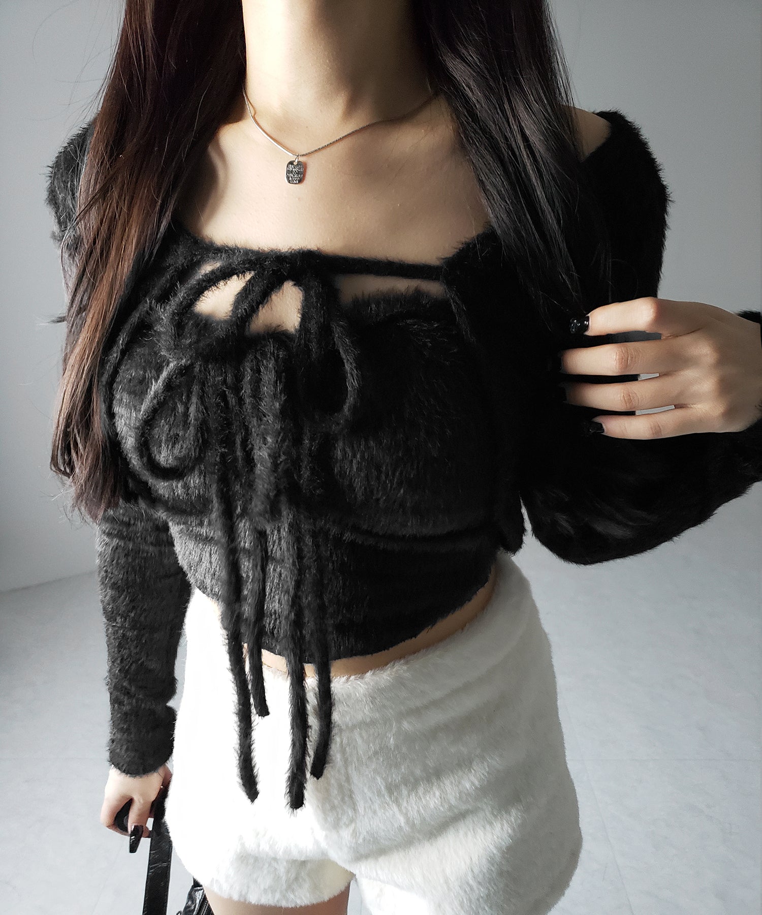 【 2点セット 】シャギーリボンベアトップス & ショートシャギーカーディガン SET / Shaggy ribbon bare tops & short shaggy cardigan