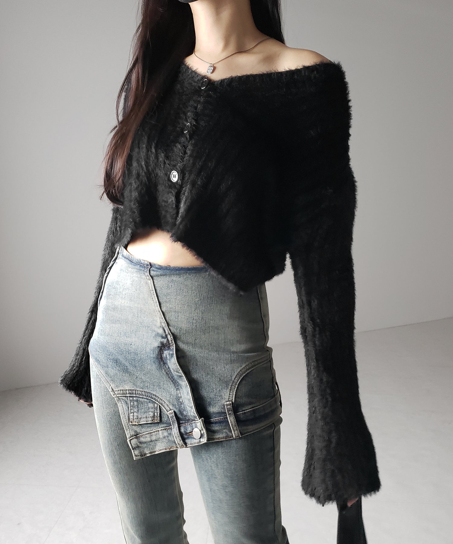 【 2color / 4size 】レイヤードウエストヴィンテージフレアデニム /layered waist vintage flare denim
