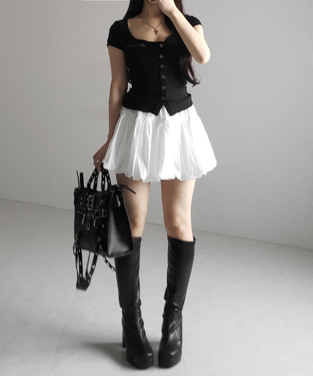 【 2color /インパン裏地付き 】ティアードコットンバルーンミニスカート / tiered cotton balloon mini skirt