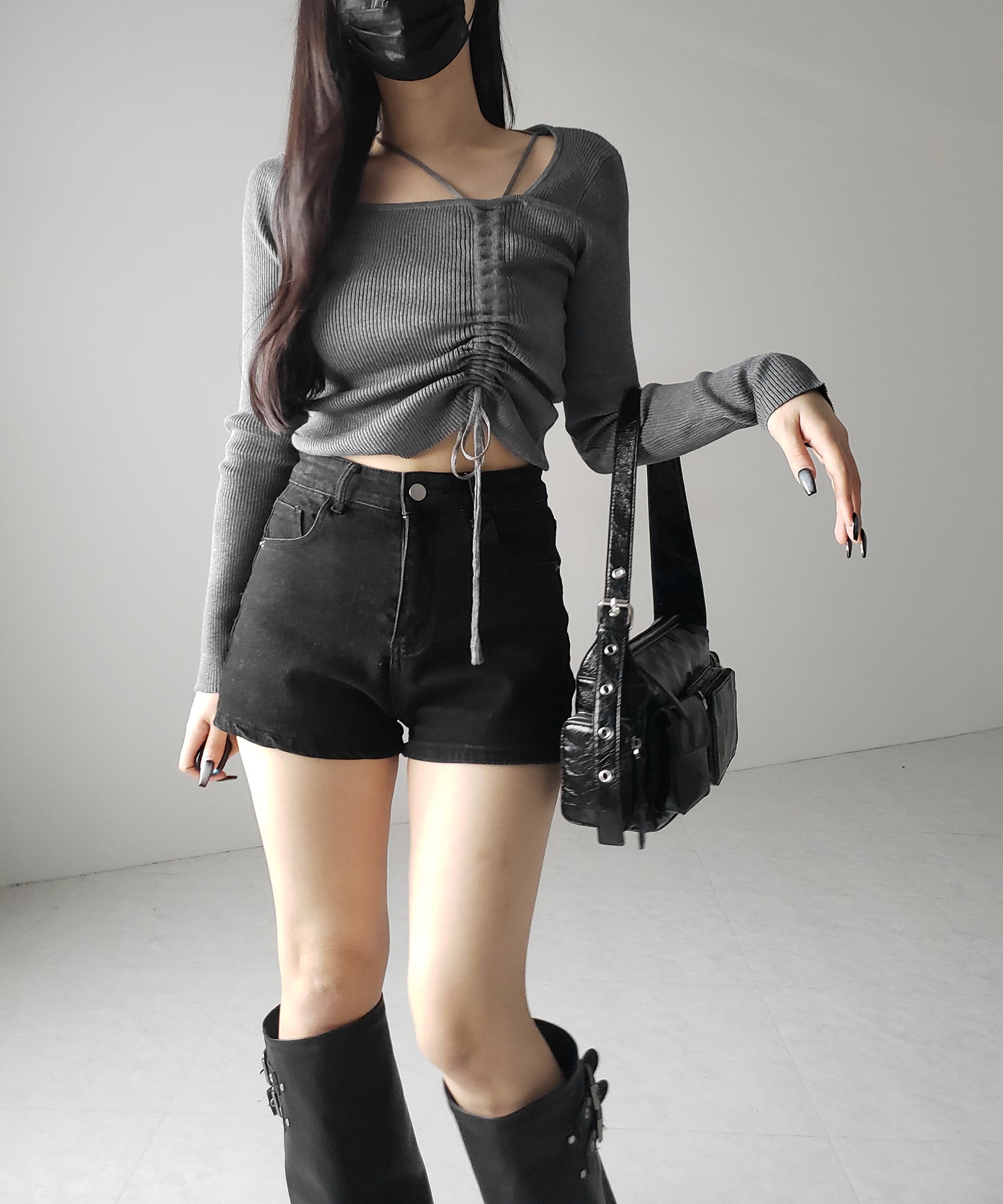 ダブルストラップシャーリングリボンリブニットトップス / double strap shirring ribbon ribbed knit tops