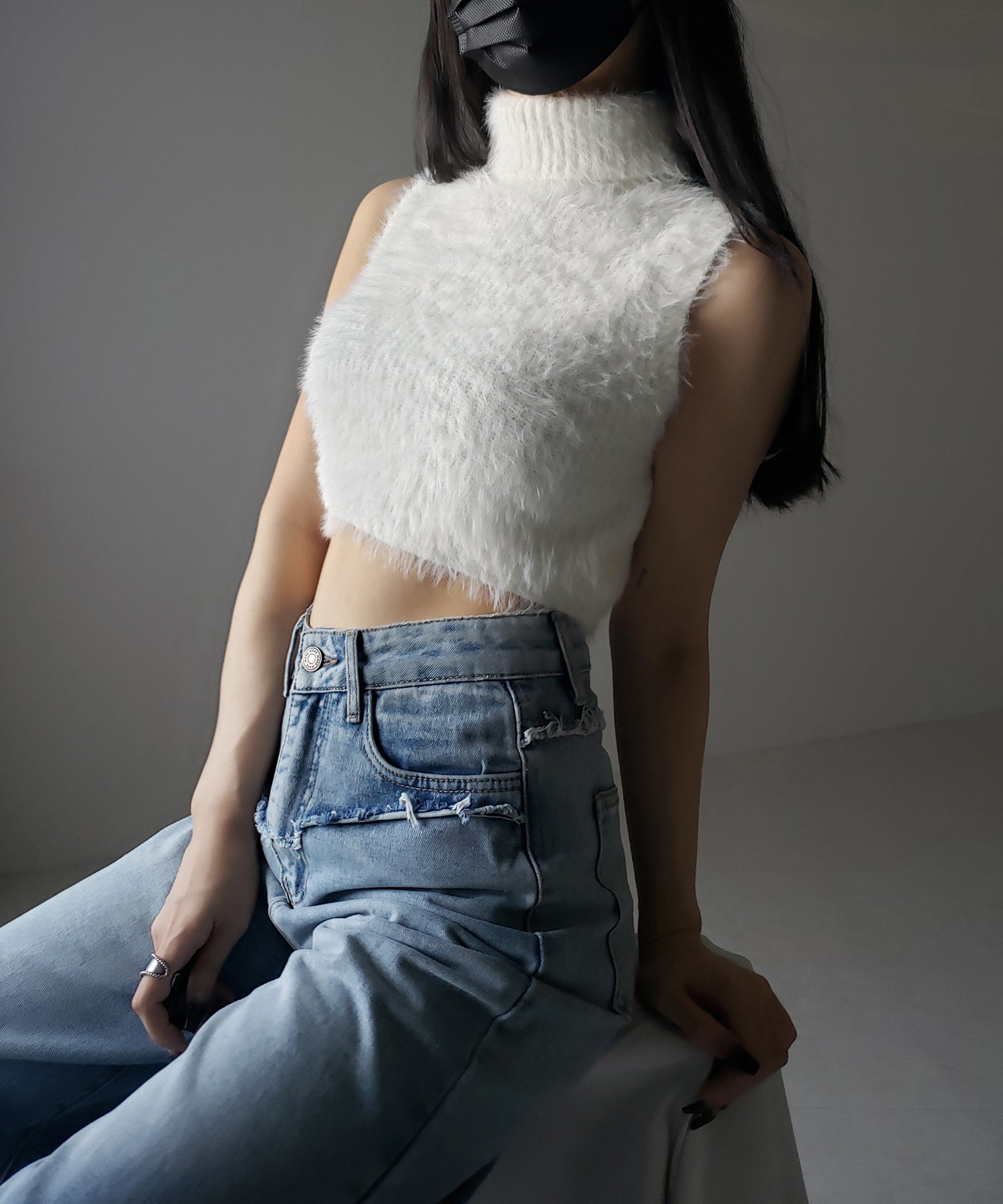 【 3color 】タートルネックショートシャギーノースリニットトップス / turtleneck short shaggy nosleeve knit tops
