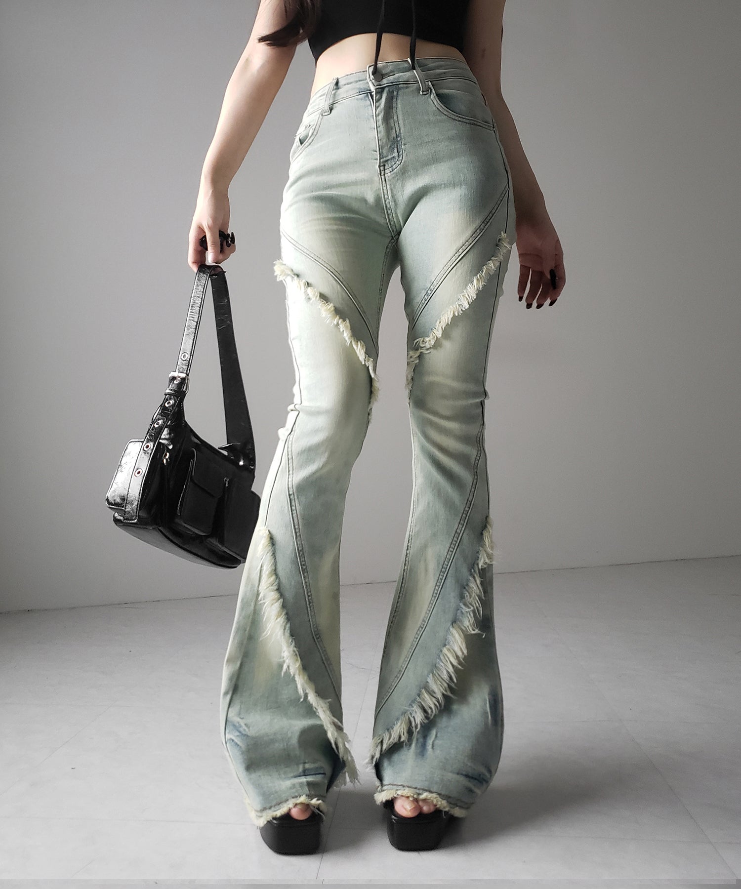 【 2color / 4size 】フリンジデザインヴィンテージライクストレッチフレアデニム / fringe design vintage-like stretch flare denim