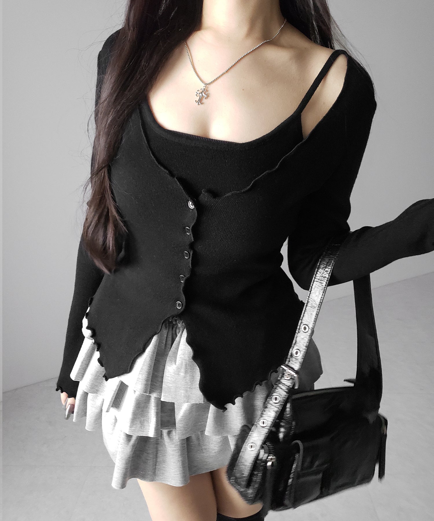レイヤード風メロースリムニットカーディガン / layered mellow slim knit cardigan