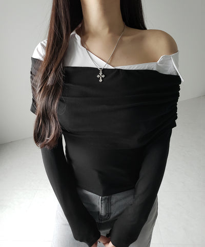 シャツドッキングワイドオフショルトップス / shirt docking wide off shoulder tops