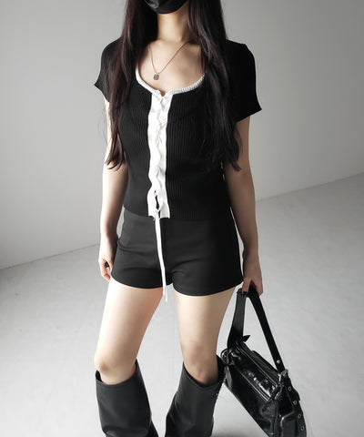 半袖レースアップスリムニットトップス / short-sleeve lace up slim knit tops