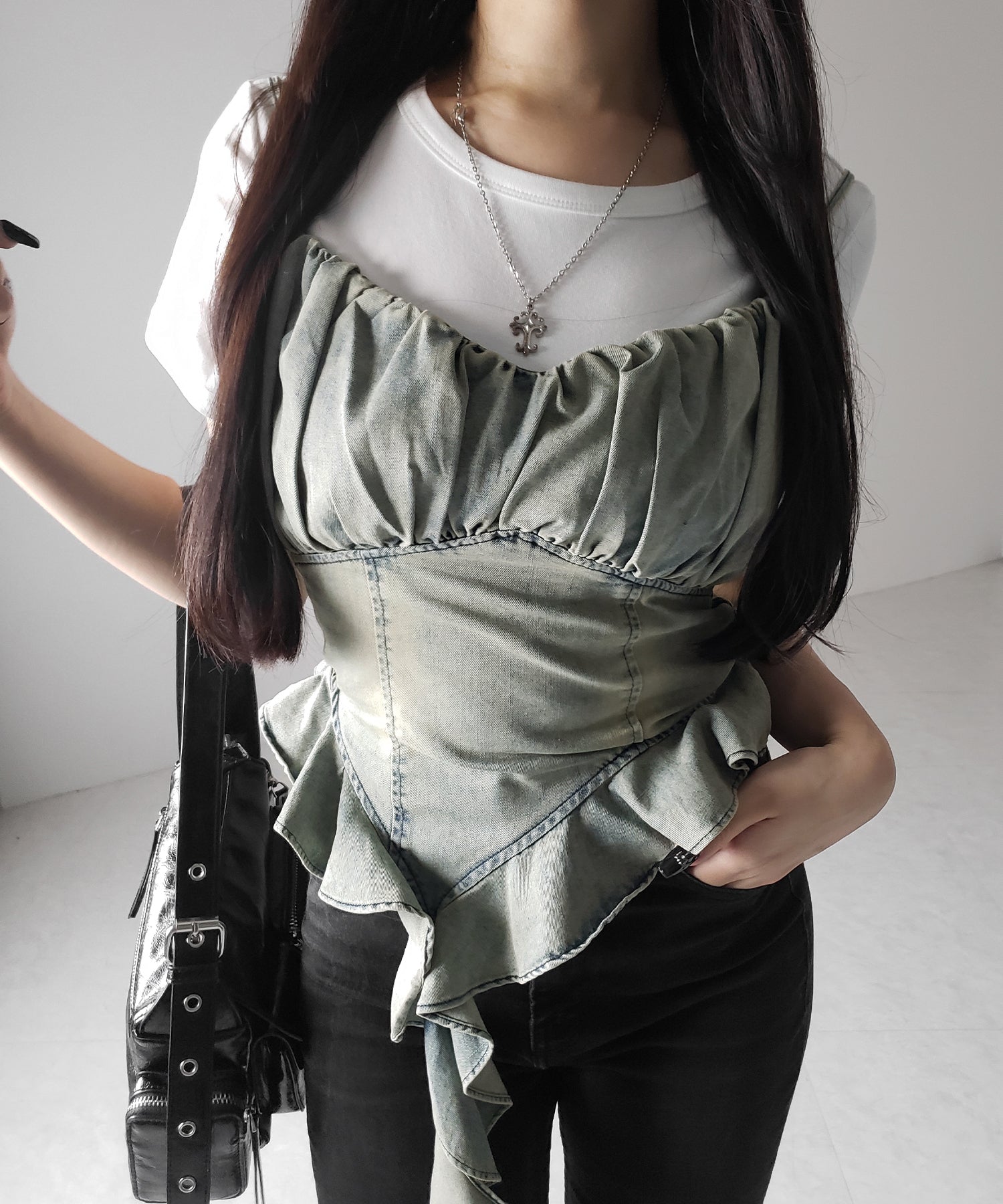 【 2点セット 】ヴィンテージデニムビスチェ & 半袖レイヤードTシャツセット / vintage denim bustier & short sleeve layered T-shirts set