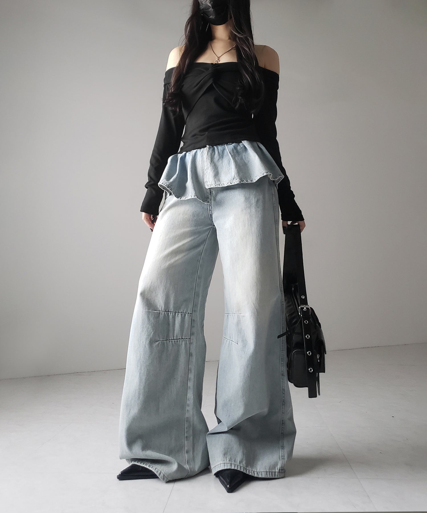 【 2color / 4size 】フリルドッキングレイヤードヴィンテージワイドデニム / frll docking layered vintage wide denim