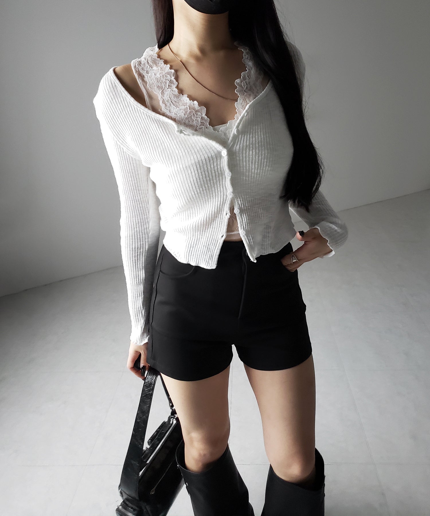 【 2点セット 】レイヤードレースシアーリブカットソーカーディガン / layered lace sheer rib cut and sew cardigan