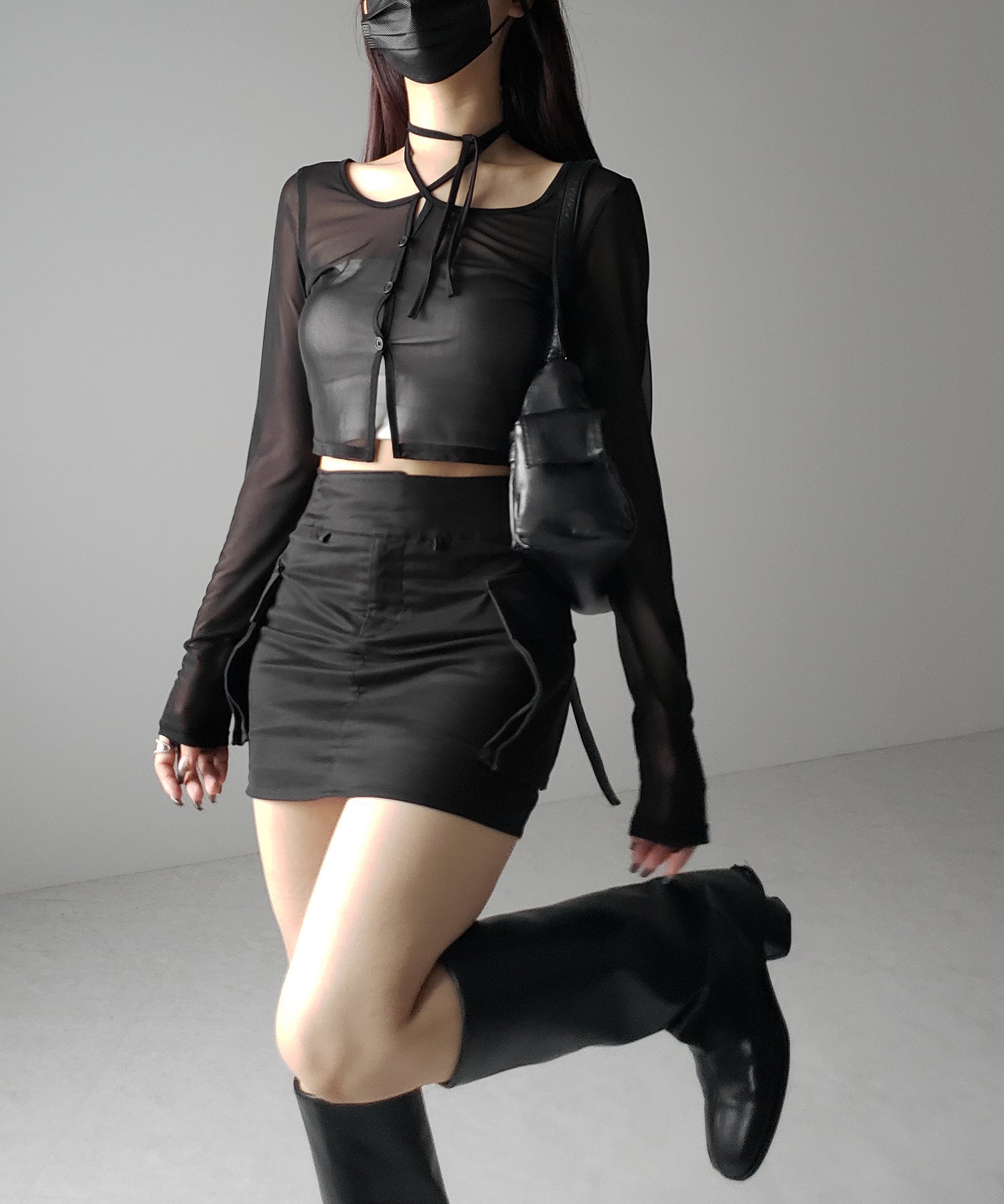 【 3color / 2WAY 】クロスストラップリボンシアーショートカーディガン / cross strap ribbon sheer short cardigan