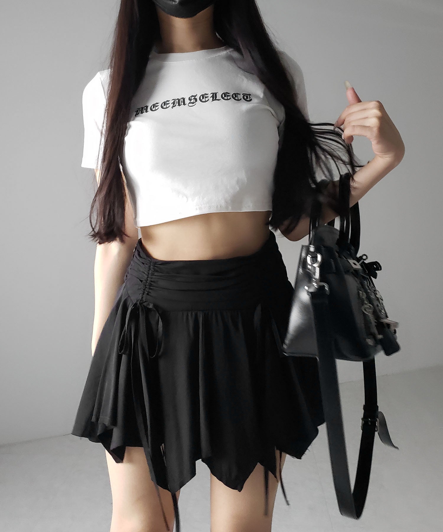 【 2color / 2size 】シャーリングダブルリボンアシンメトリーフリルミニスカート / shirrin double ribbon asymmetry frill mini skirt