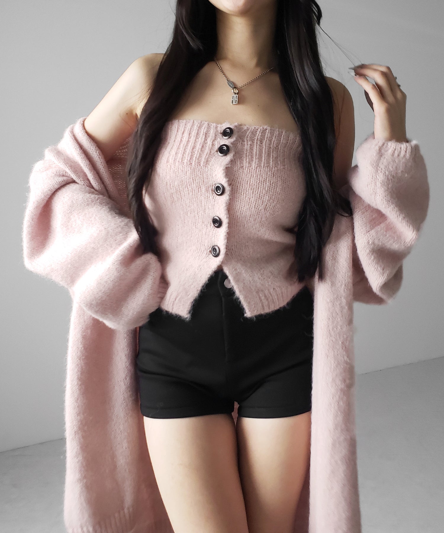 【 新色追加 /2点セット 】ニットボタンビスチェ +ロングカーディガンセット / knit button bustier + long cardigan set