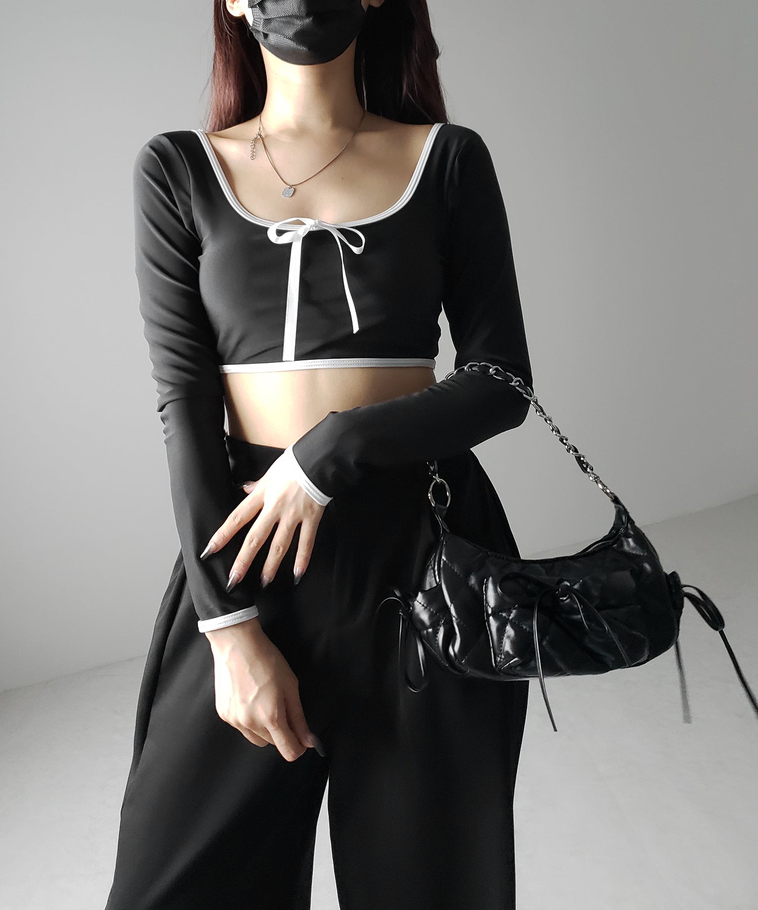 【 レディース水着/2点セット 】フロントリボンモノトーンハイウエストビキニ / front ribbon monotone high waist bikini