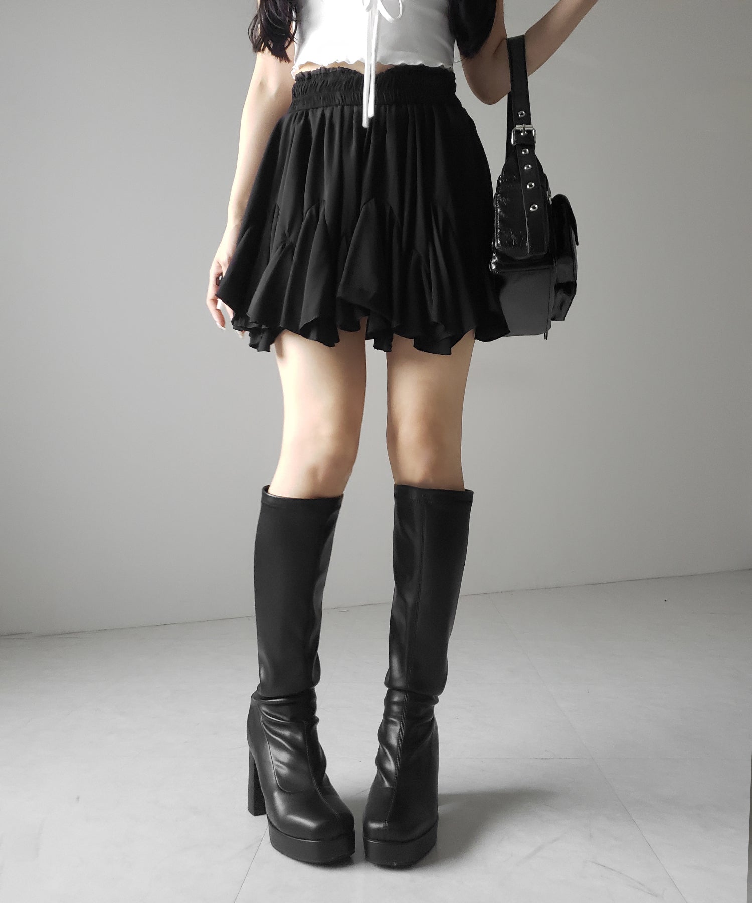 【 2color /インパン裏地付き 】ハイウエストドレープフレアミニスカート / high waist draped flare mini skirt