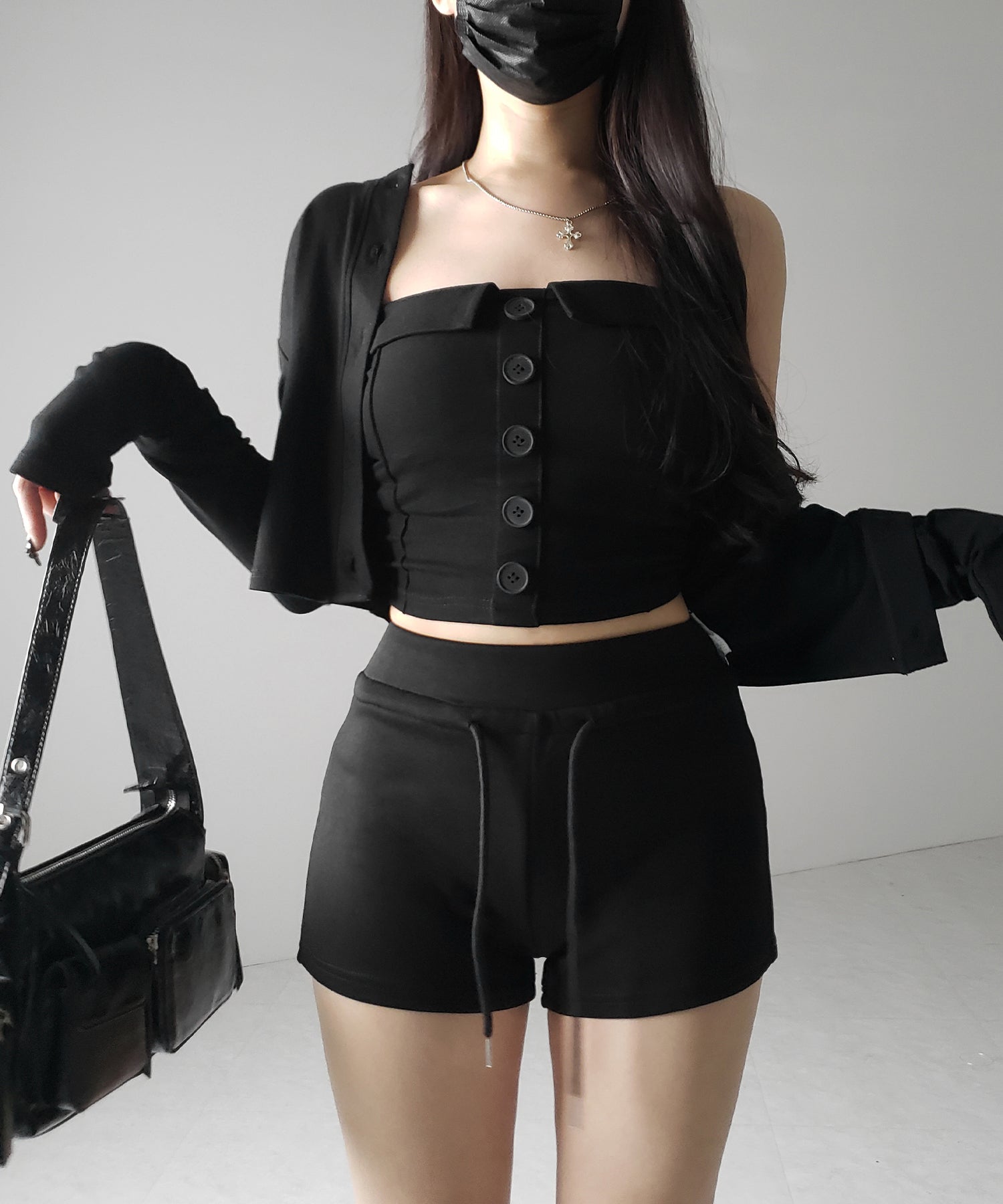 【 2点セット 】フロントボタンベアトップ + クロップドカットソーカーディガン SET / front button bare top + cropped cutsaw cardigan SET