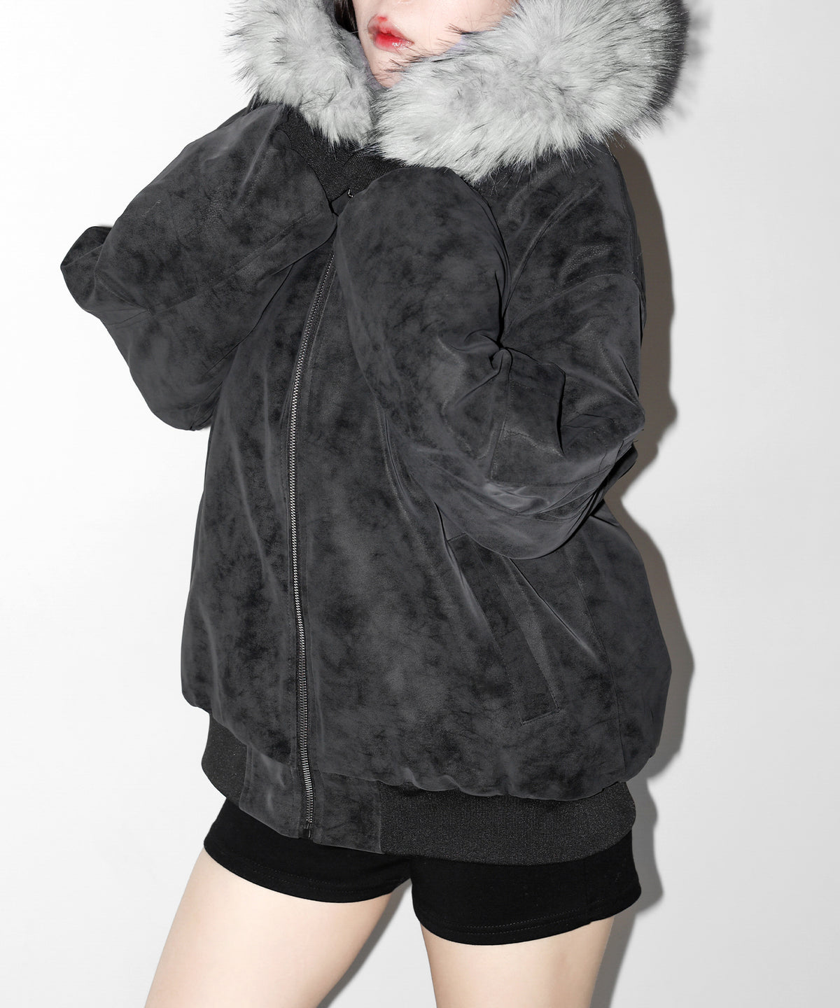 ファーフードヴィンテージフェイクレザーオーバーブルゾン / fur hooded vintage fake leather over blouson