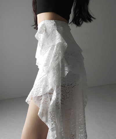 【 裏地付 】アシンメトリーフリルレーススリットロングスカート / asymmetry frill lace slit long skirt