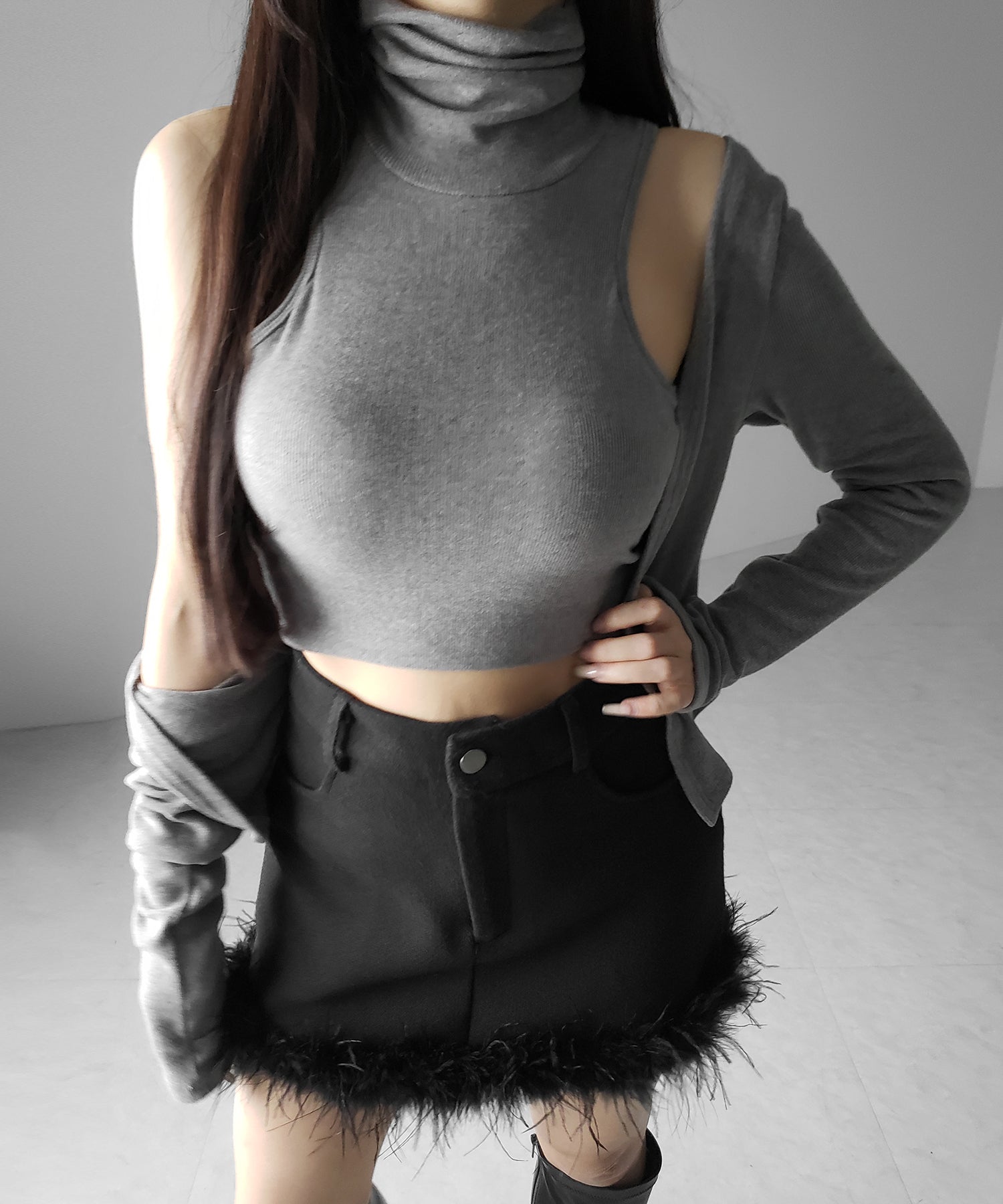 【 インナーパンツ裏地付 】ファードッキングウールライクレディミニスカート / fur docking woollike lady mini skirt