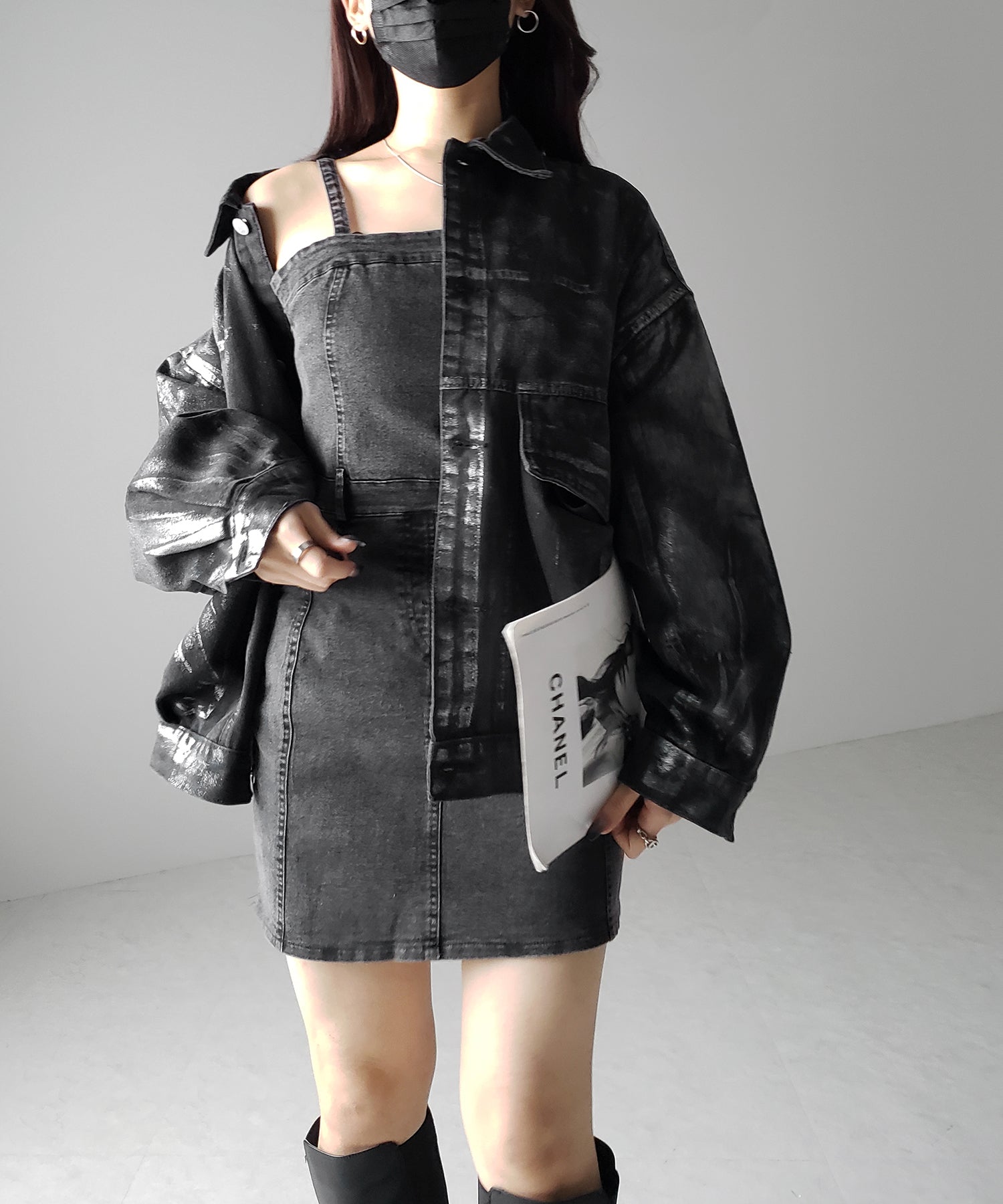 【 2color 】ウォッシュデニムハイウエストミニキャミワンピース / wash denim high waist mini cami onepiece