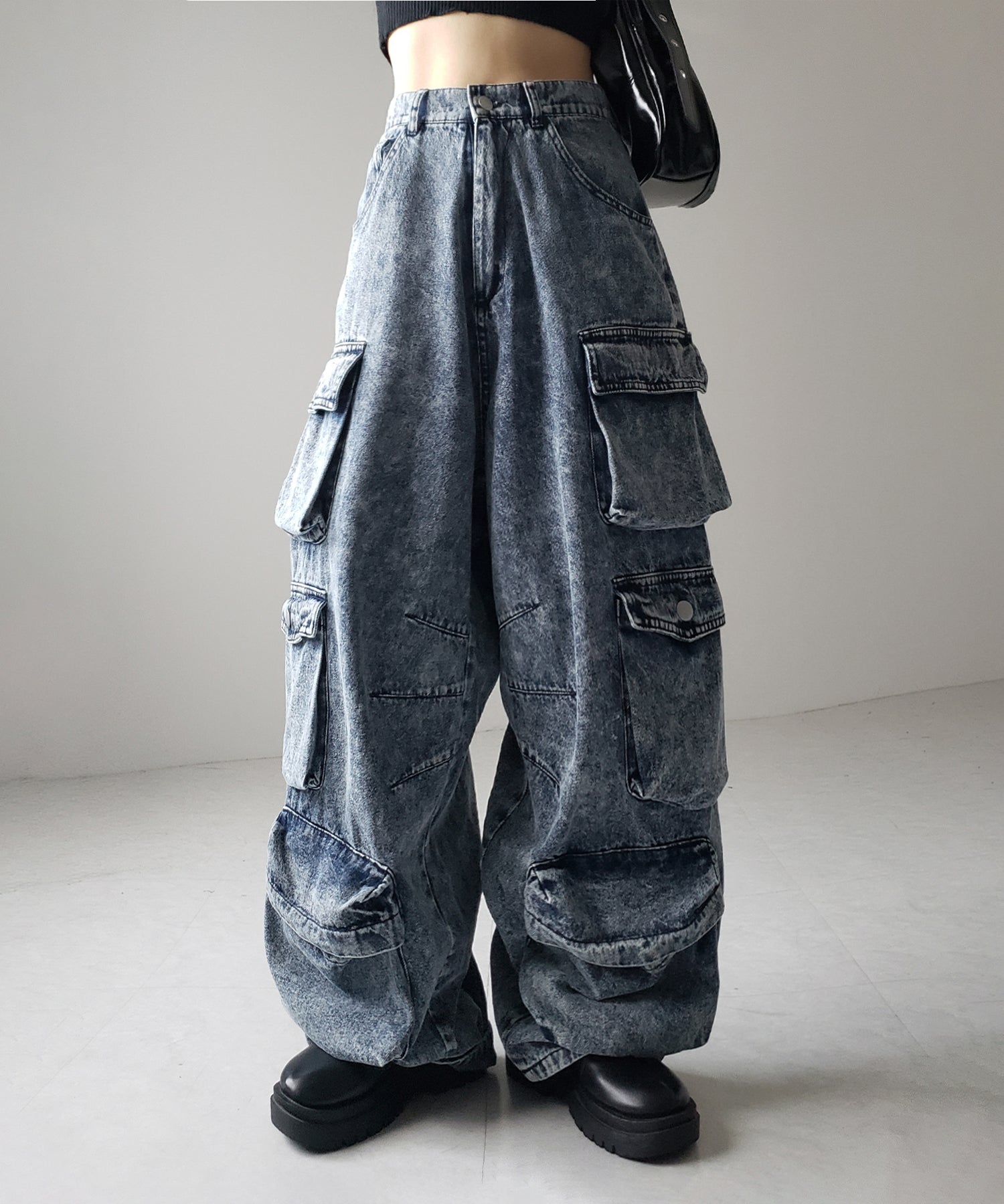 【 デニムセットアップ着用可能 】ヴィンテージケミカルブリーチヘビーワイドカーゴデニム / vintage chemical bleach heavy wide cargo denim